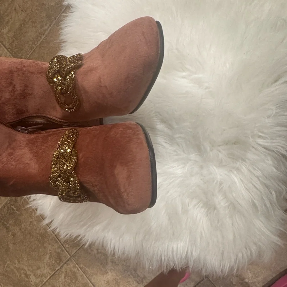 Anthropologie Pink Velvet Ankle Boots with Gold Detail - Picture 5 of 12